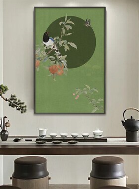 新中式花鸟装饰画墨绿色古典挂画样板房入户玄关大尺寸背景墙壁画