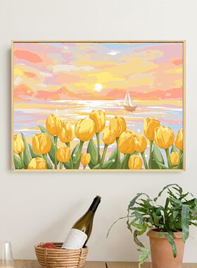 2025新款数字油画DIY手工填色卡通郁金香风景画 加厚实木内框装裱