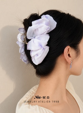 Nia妮奈 雪纺花瓣透明抓夹女高级感法式发夹女后脑勺盘发鲨鱼夹子