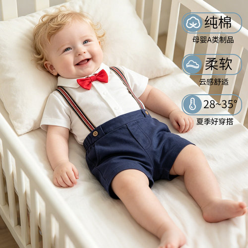 yierying婴儿全棉蝴蝶结背带裤套夏季男宝小少爷套装婴儿全棉套装 - 图0