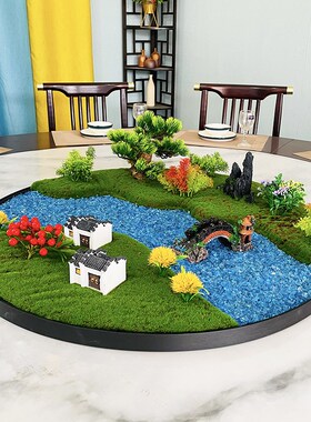 圆桌中间摆件苔藓沙盘工艺品包厢包间水景转盘花艺餐桌电动摆花