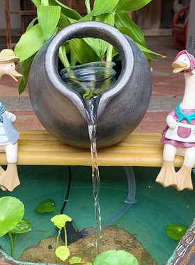 中式古风仿真釉黑陶罐鱼池循环增氧流水树脂摆件种花DIY造景饰品