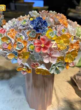 景德镇瓷花朵手工陶瓷玫瑰花办公室摆件花瓶纯手工仿真花永生家居
