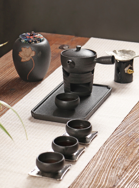 粗陶温茶炉黑陶煮茶器 日式酒精灯蜡烛茶壶茶杯 陶瓷功夫茶具套装