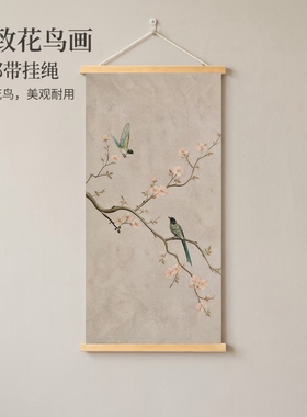 新中式玉兰双寿挂画客厅玄关走廊装饰画竖版实木卷轴中古风墙壁画