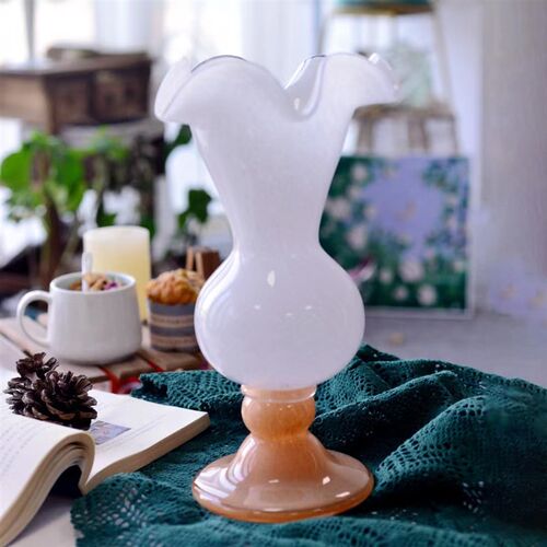 中古珠光奶油铃兰花瓣口奶绿橙色底座拼白粉色风灯手工花瓶插花器 - 图2