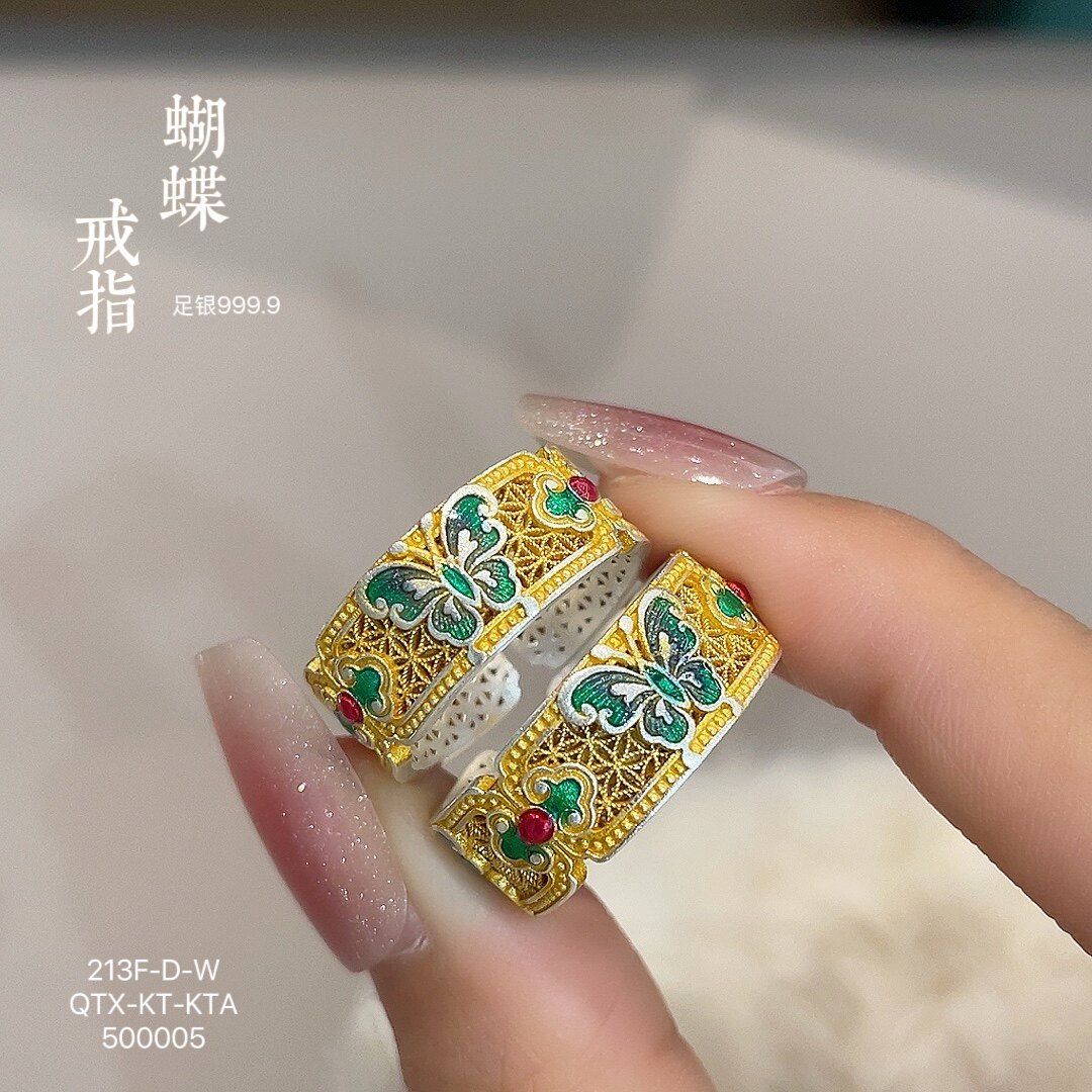 Pure silver 999.9 enamel butterfly gold ring for women