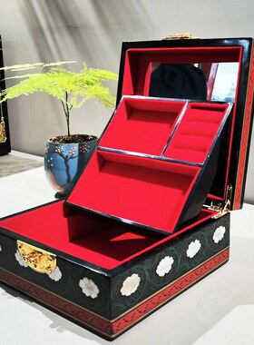 永隆号平遥推光漆器黑底正方螺钿双龙中式漆器盒18cm