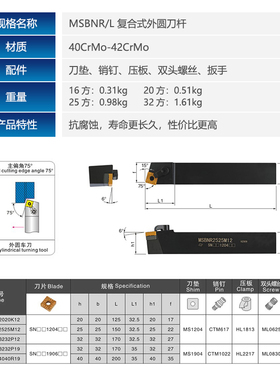 外圆车刀75度数控车刀刀杆MSBNR2020K12普通机夹车刀方形刀片