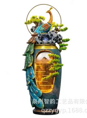 创意孔雀假山喷泉流水摆件客厅别墅茶楼公室落地鱼池家居装饰品
