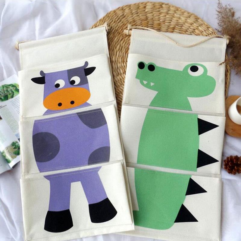 Home hanging bag storage bag wall hanging cartoon animal cotton and linen fabric art door wall hanging three pocket storage bag
