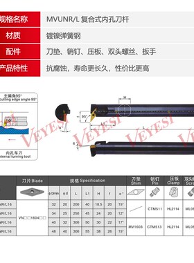 95度内孔车刀尖刀35度菱形刀片镗孔刀杆S20R/25S/32T-MVUNR/L16
