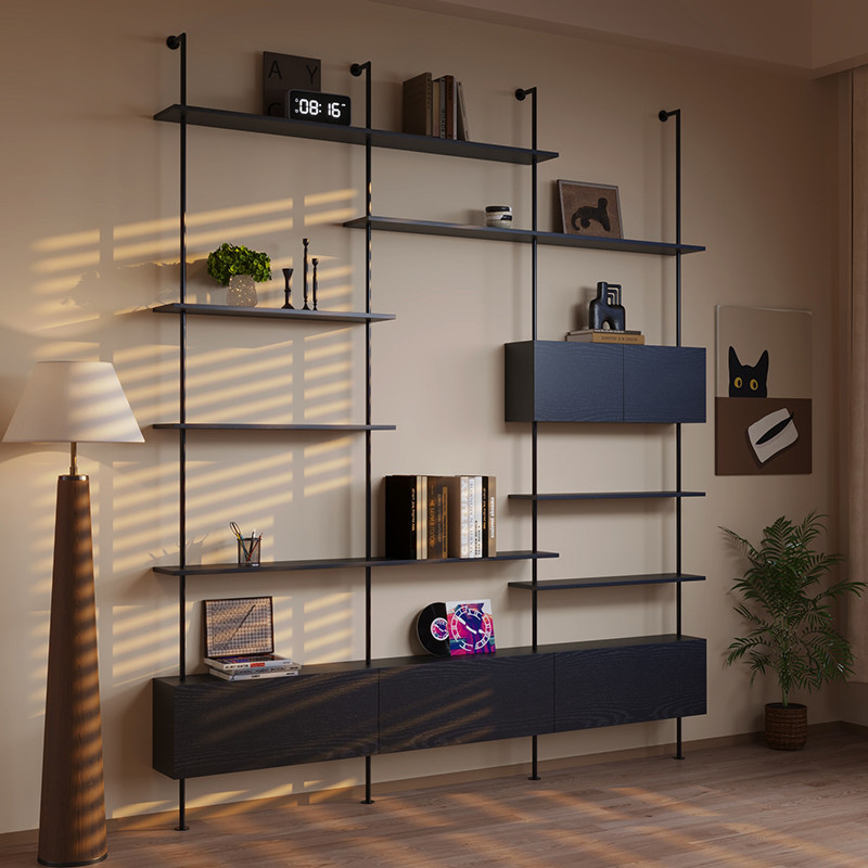 意式极简书架隔板展示架中古风客厅陈列铁艺置物架一体式靠墙书柜