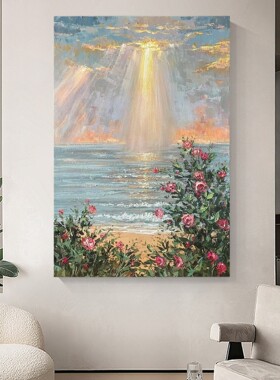 手绘油画风景玄关装饰画现代简约客厅肌理画海上日出走廊竖版挂画