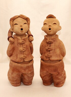 手工陶艺人物 创意泥人 陶土娃娃人物 陶瓷娃 陶人泥塑长脖子摆件