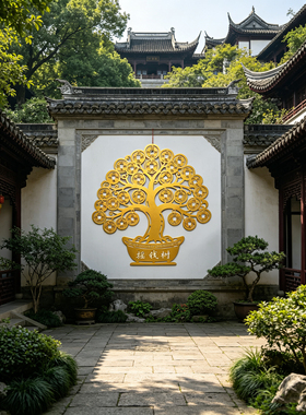网红中式铁艺摇钱树招财壁挂激光镂空户外室内外装饰品防水壁画