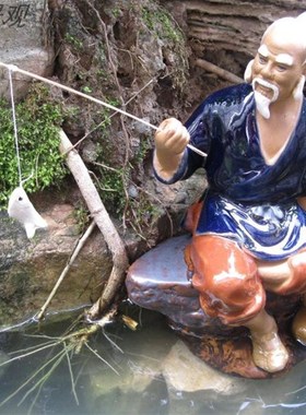陶瓷钓鱼翁姜大公摆件假山盆景水族鱼缸上水石头流水喷泉装饰摆件
