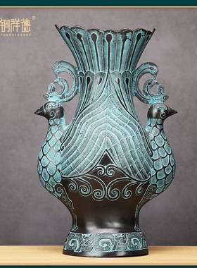 青铜器古摆件青铜双凤尊酒樽吉祥鸟尊古玩家居装饰工艺品铜花瓶