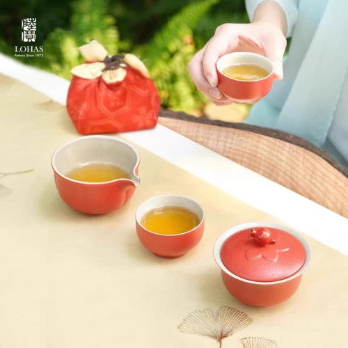 台湾陆宝陶瓷便携式茶具旅行套装女高颜值一壶两杯快客杯富贵石榴 - 图3