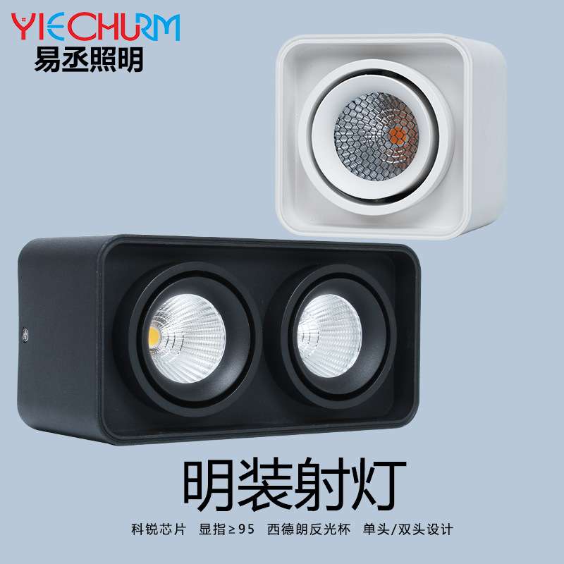Surface-mounted square double-head bold lamp LED spotlight double-head downlight ceiling shop commercial single-head rounded corner grille light