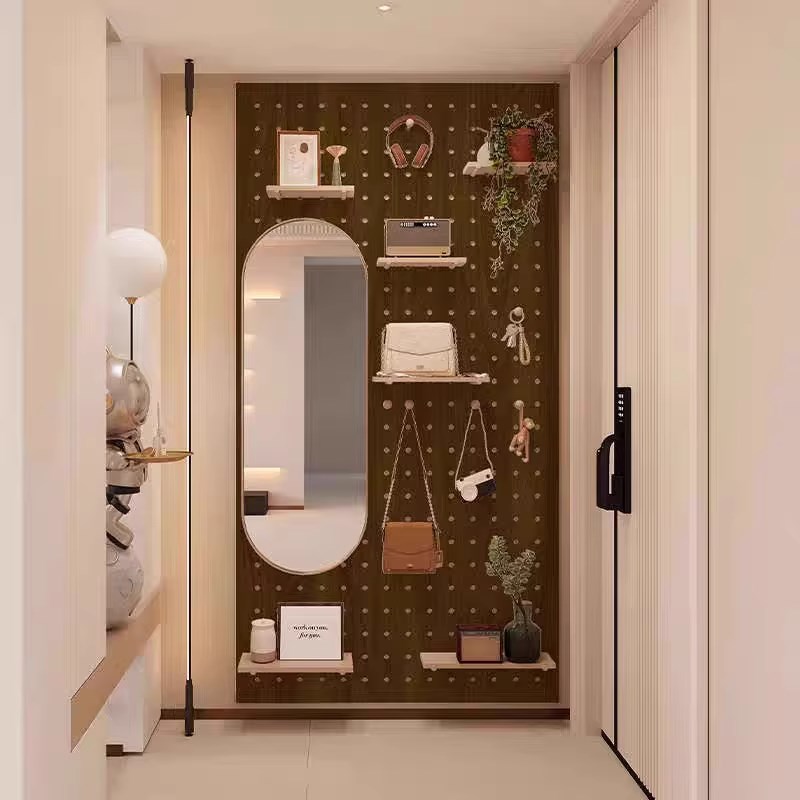 Medieval style solid wood hole board dressing mirror custom porch storage rack full body mirror decorative partition wall storage rack