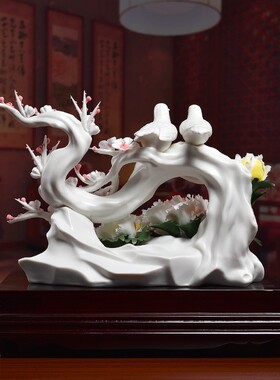 东方泥土高档结婚礼品喜上眉梢陶瓷花雕塑艺术品中式客厅装饰摆件