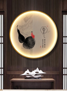 网红水墨背景墙 茶室圆形挂画宣言带灯挂画玄关LED墙画发光创意装