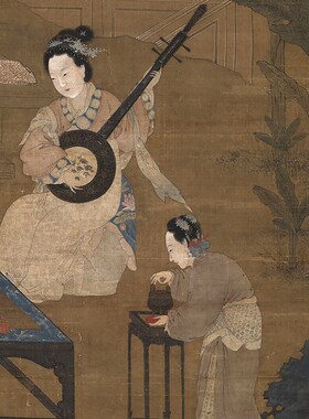 南宋李嵩焚香拨阮图古代人物画卷轴国画字画名画复制品仿古画挂画