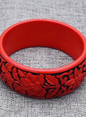 北京漆器牡丹花手镯雕漆双色镯子 首饰品特色工艺品结婚礼物包邮