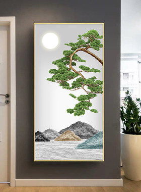 五福临门新中式玄关装饰画竖版入门走廊过道进门挂画荷花客厅壁画