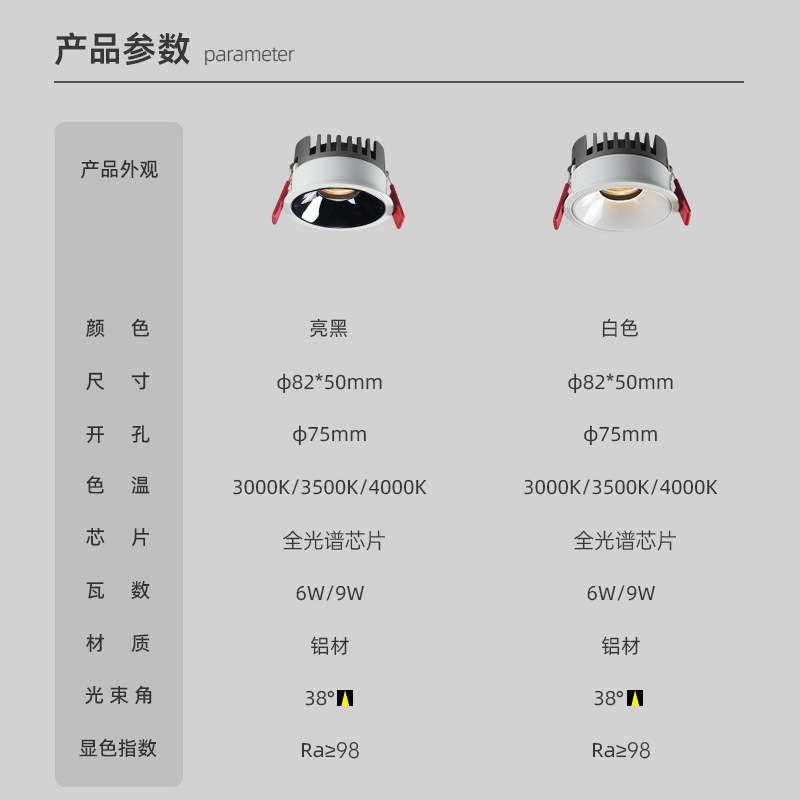 Ultra-thin COB anti-glare spotlight embedded home living room aisle high CRI 3500K opening 75 low ceiling downlight