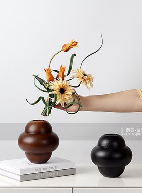 侘寂风黑色实木中古花瓶插花酒店民宿茶几书桌客厅花艺花器装饰品