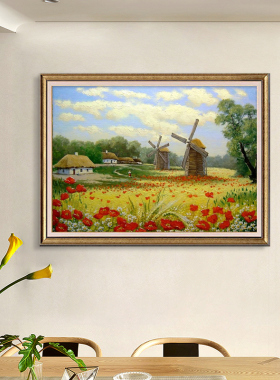 美式招财装饰画客厅山水挂画欧式风景仿油画饭厅墙画肌理壁画餐厅