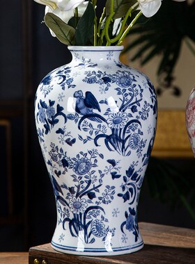 帛画高温釉陶瓷梅瓶可水培新中式青花瓷花瓶客厅家居插花装饰摆饰