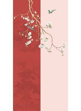 一户一梯电梯门贴纸高档中国风壁纸新中式花鸟消防栓防火门电梯画