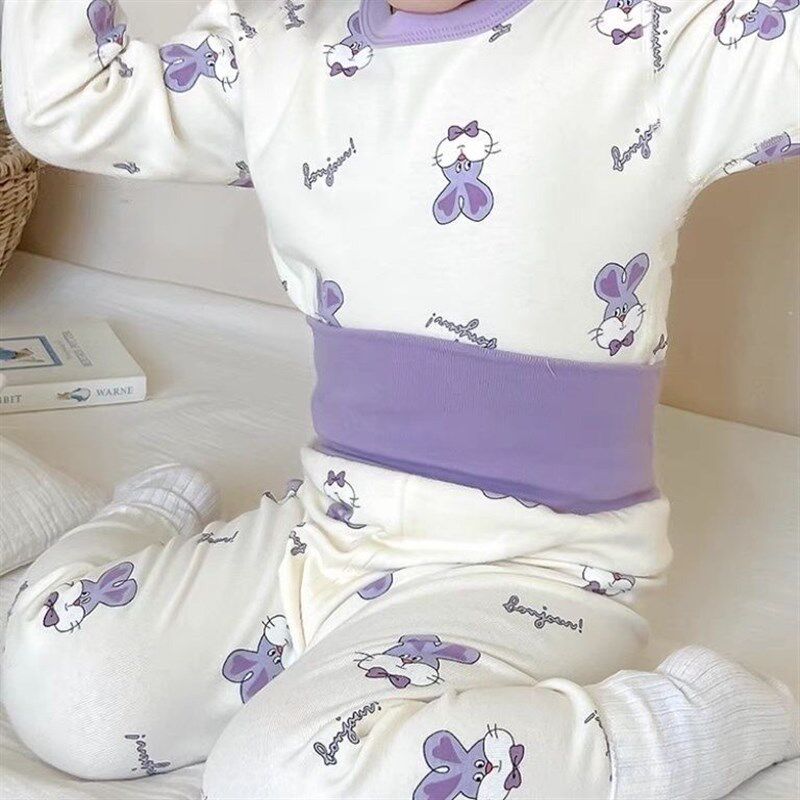 Girls' high-waisted belly-protecting home wear, baby boy's autumn clothes, long johns, pure I cotton underwear set, thickened boneless children's underwear