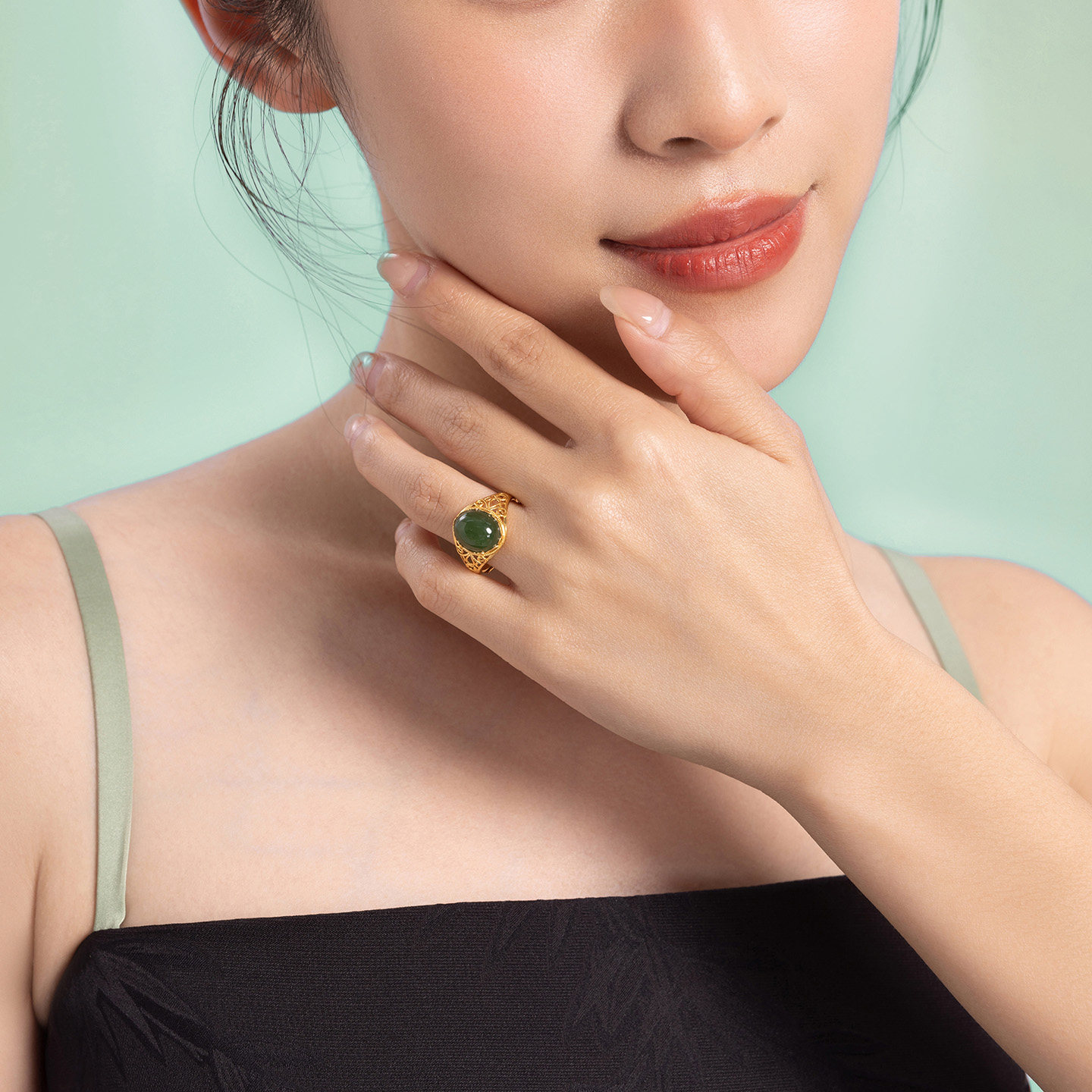 Saturday blessing gold inlaid jade women's ring, golden and jade marriage