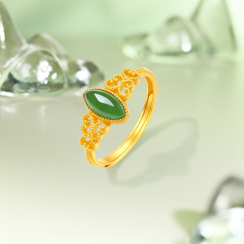 Saturday lucky gold inlaid jade Hetian jasper green leaf ring