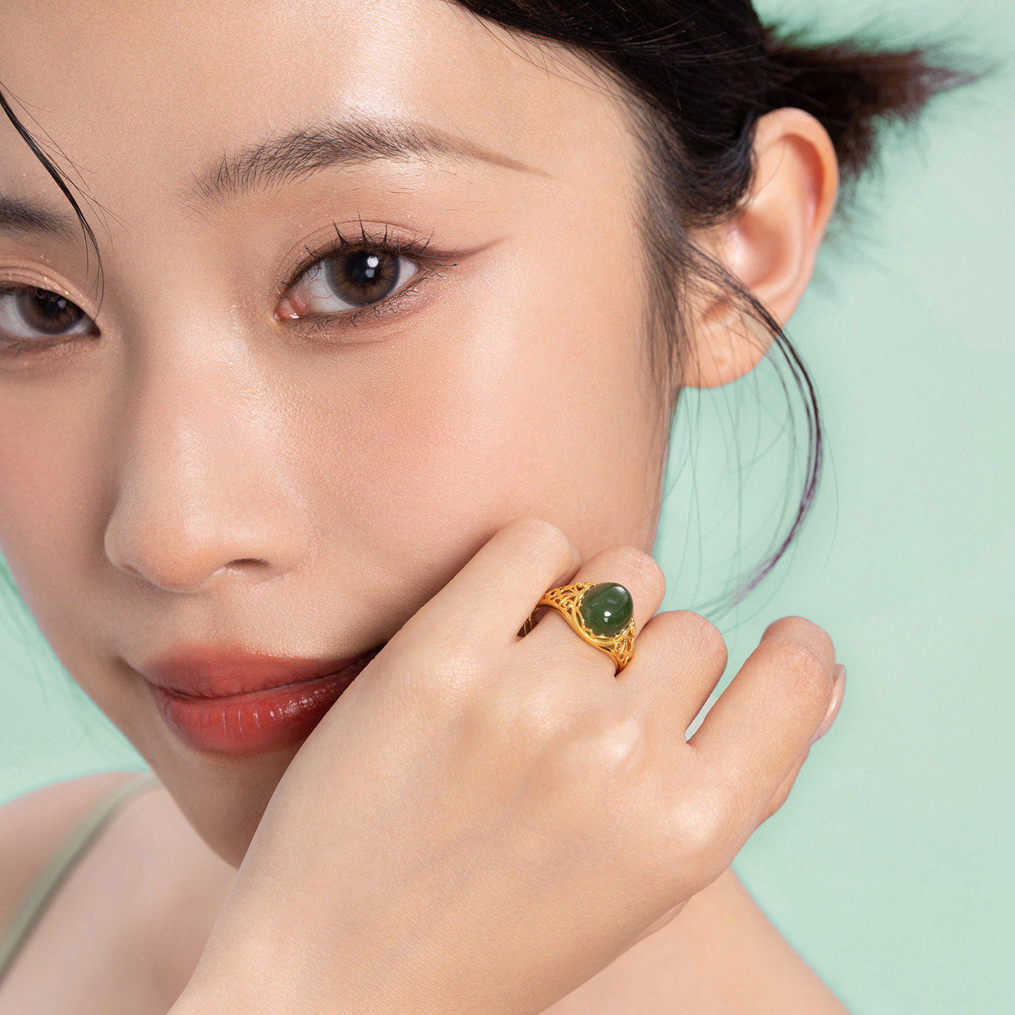 Saturday blessing gold inlaid jade women's ring, golden and jade marriage