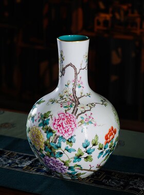 宁封窑景德镇陶瓷花瓶摆件客厅手绘新中式仿古粉彩玉堂富贵天球瓶