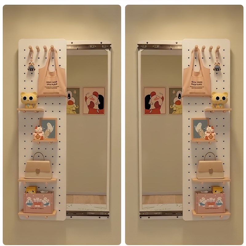 Cream solid wood hole board dressing mirror integrated entrance entrance hidden sliding full-body mirror door rear wall storage rack