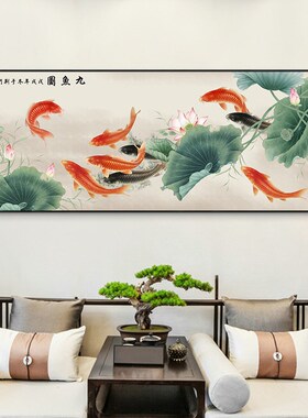 网红新中式鱼图装饰画大画客厅沙发背景墙壁画餐厅年年有余横幅挂