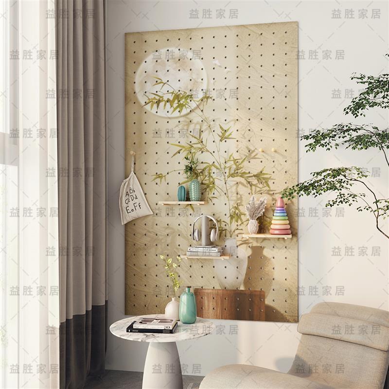 Medieval style solid wood perforated board custom bamboo moon pattern custom entry entrance wall perforated board storage rack
