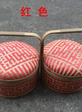 纯手工竹编竹制品竹篮子结婚食盒提篮春节送礼品红色喜篮摄影道具