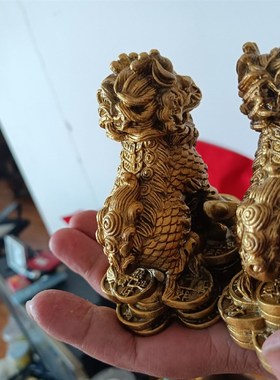 铜麒麟摆件公母一对镇宅招财壁刀路冲子嗣窗台书房办公室反弓天斩