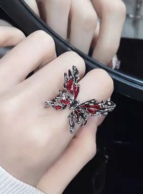 红色蝴蝶戒指女ins小众设计感开口可调节指环个性食指戒尾戒手饰