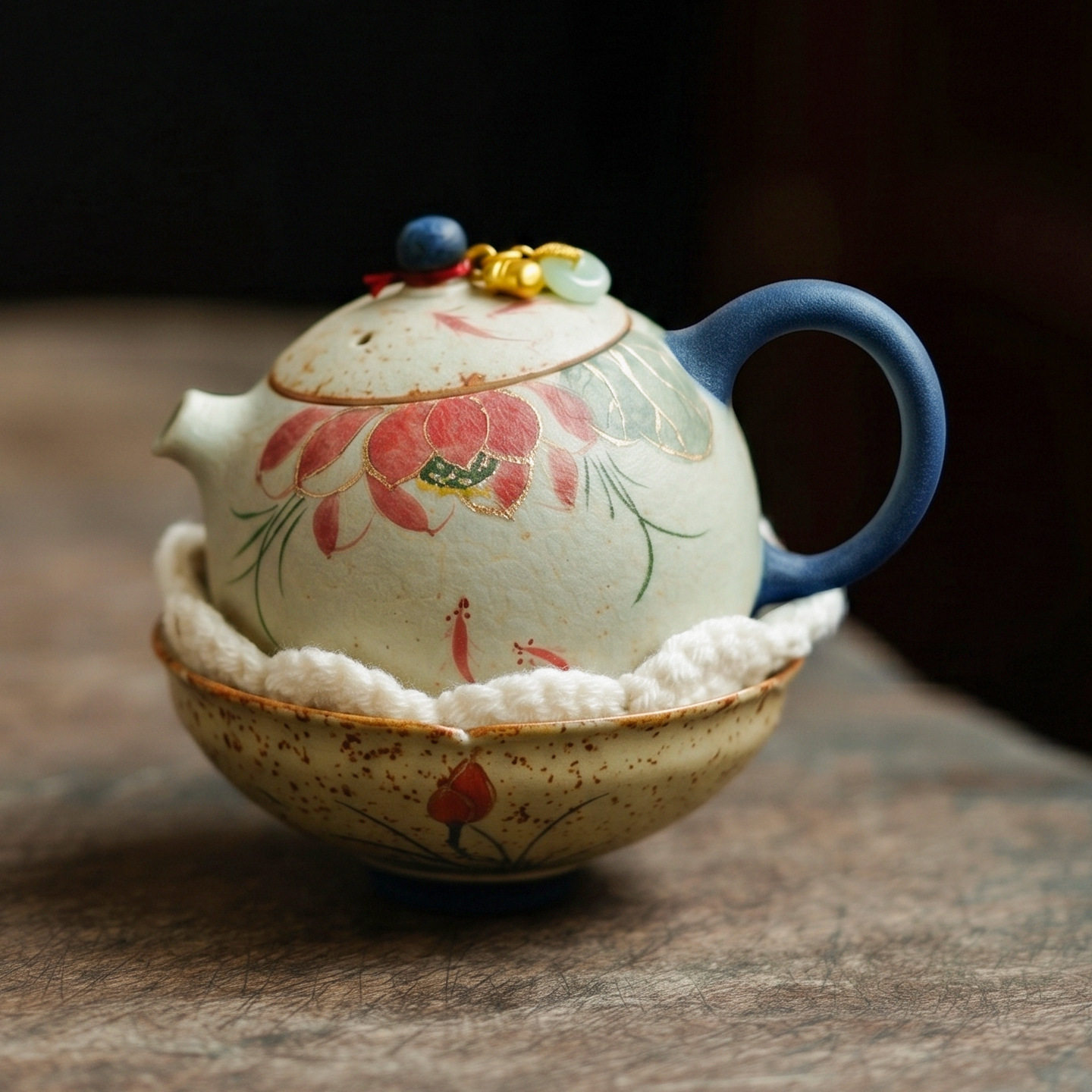 Manufacturer blue and white flint red travel tea set for one person to drink hand-painted koi and lotus ceramic outdoor portable quick cup