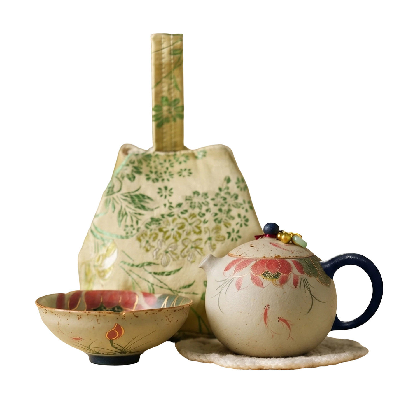 Manufacturer blue and white flint red travel tea set for one person to drink hand-painted koi and lotus ceramic outdoor portable quick cup