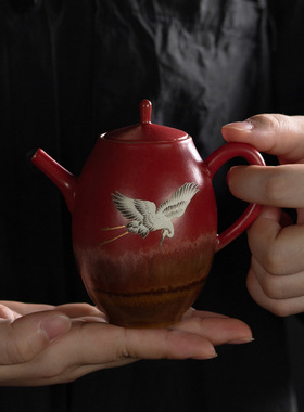 粗陶石红釉瑞鹤茶壶窑变仿古