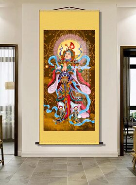 天佛韦陀画菩萨沙发背景墙玄关客厅装饰画走廊像楼至挂画丝绸书房